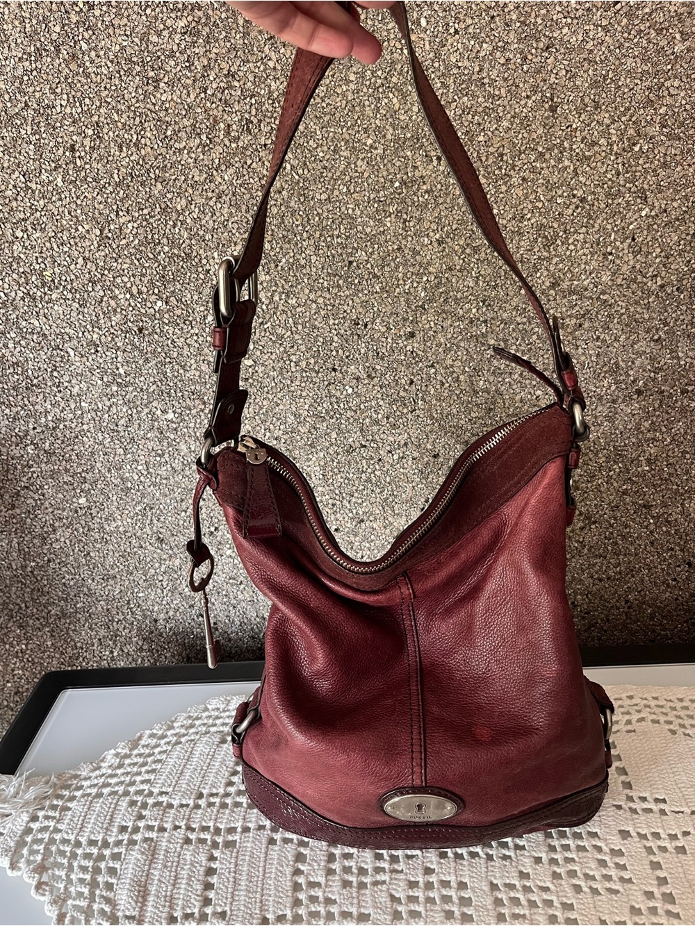 Fossil Burgundy - plum- dark purple Leather Shoulder leather Hobo Bag